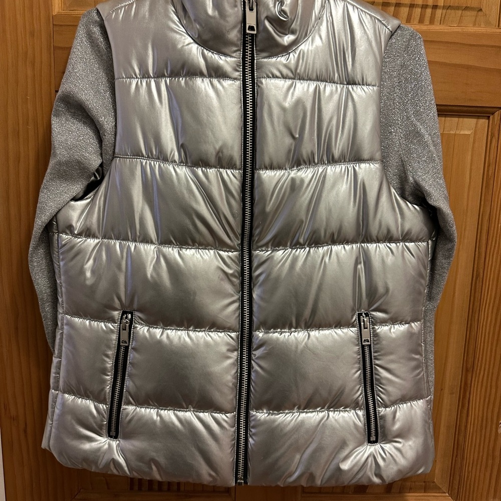 Silver Puffer Vest with Gray Sleeves